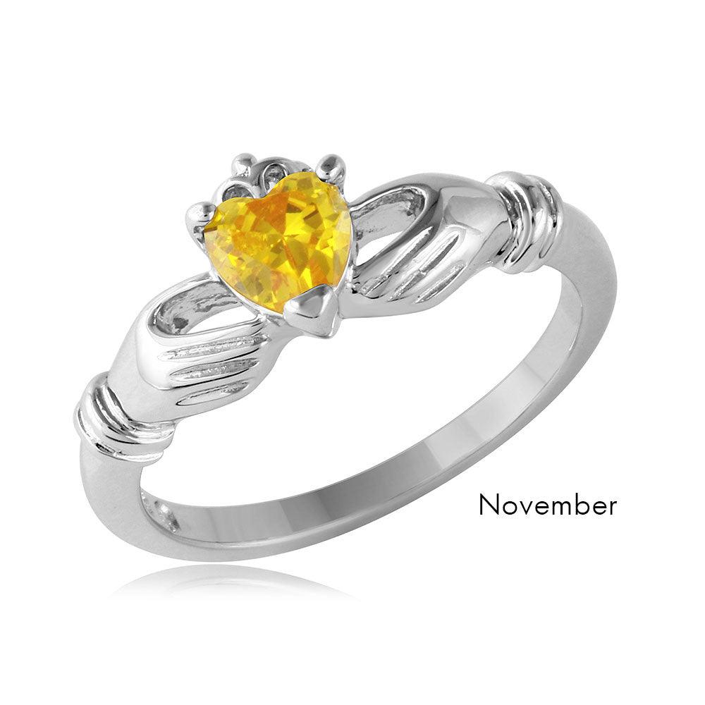 November Sterling Silver 925 Rhodium Plated CZ Center Birthstone Claddagh Ring - BGR01083NOV | Silver Palace Inc.