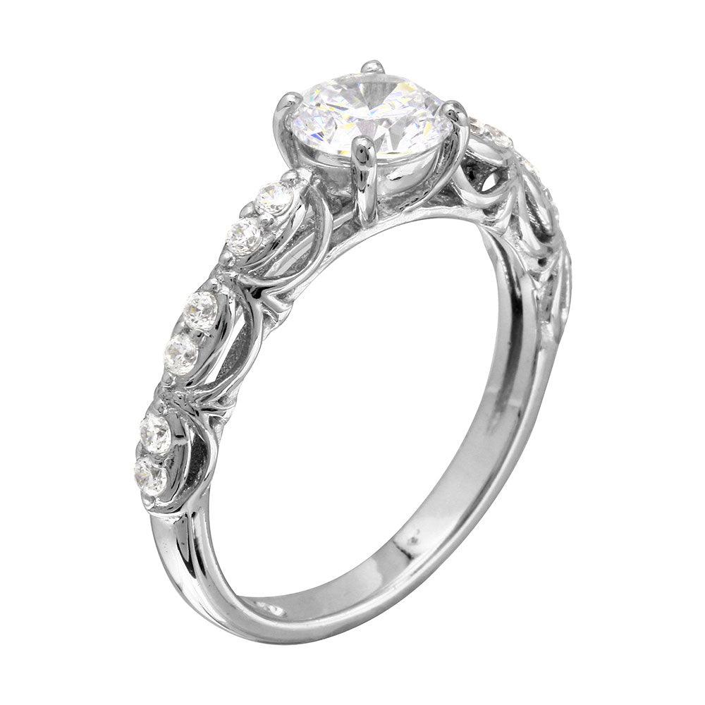 Silver 925 Rhodium Plated Wave Shank Design Bridal CZ Ring - BGR01091