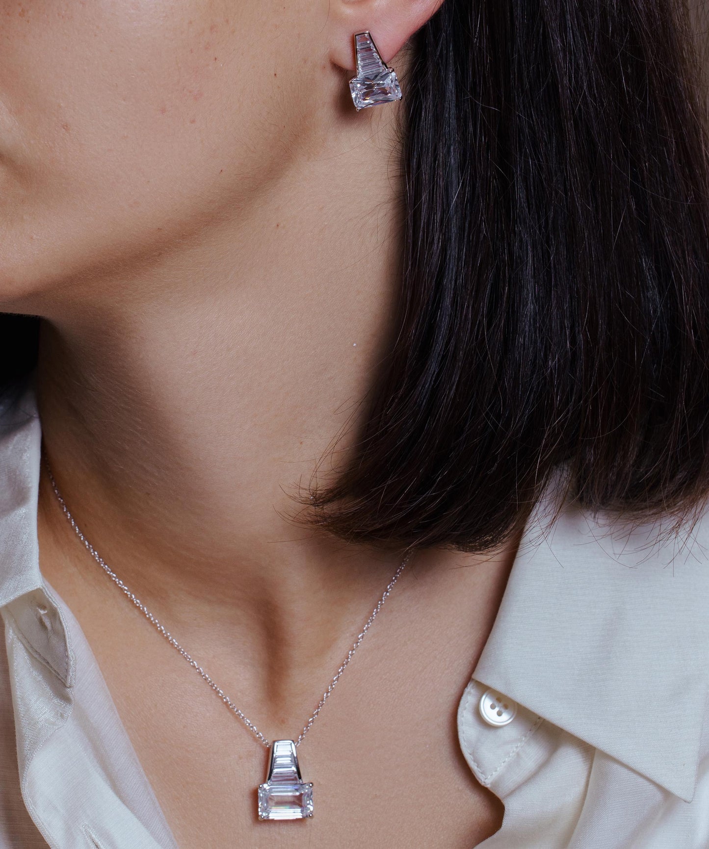 Silver 925 Rhodium Plated Clear Baguette CZ Stud Earring and Necklace Set - BGS00376