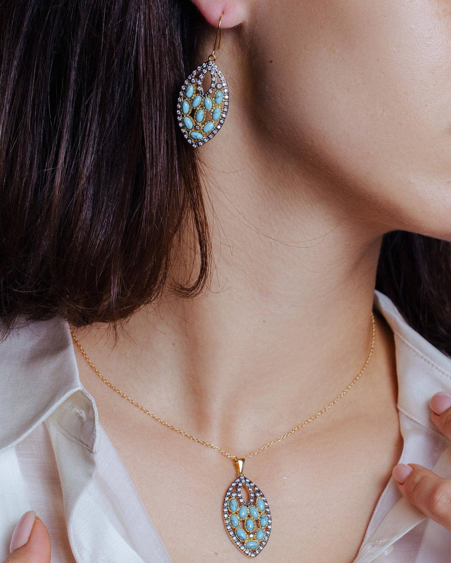 Silver 925 Black Rhodium and Gold Plated Turquoise Marquise Shaped Set - BGS00438