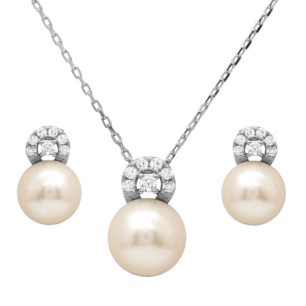 Silver 925 Rhodium Plated Fresh Water Pearl with CZ Stones Sets - BGS00505 | Silver Palace Inc.