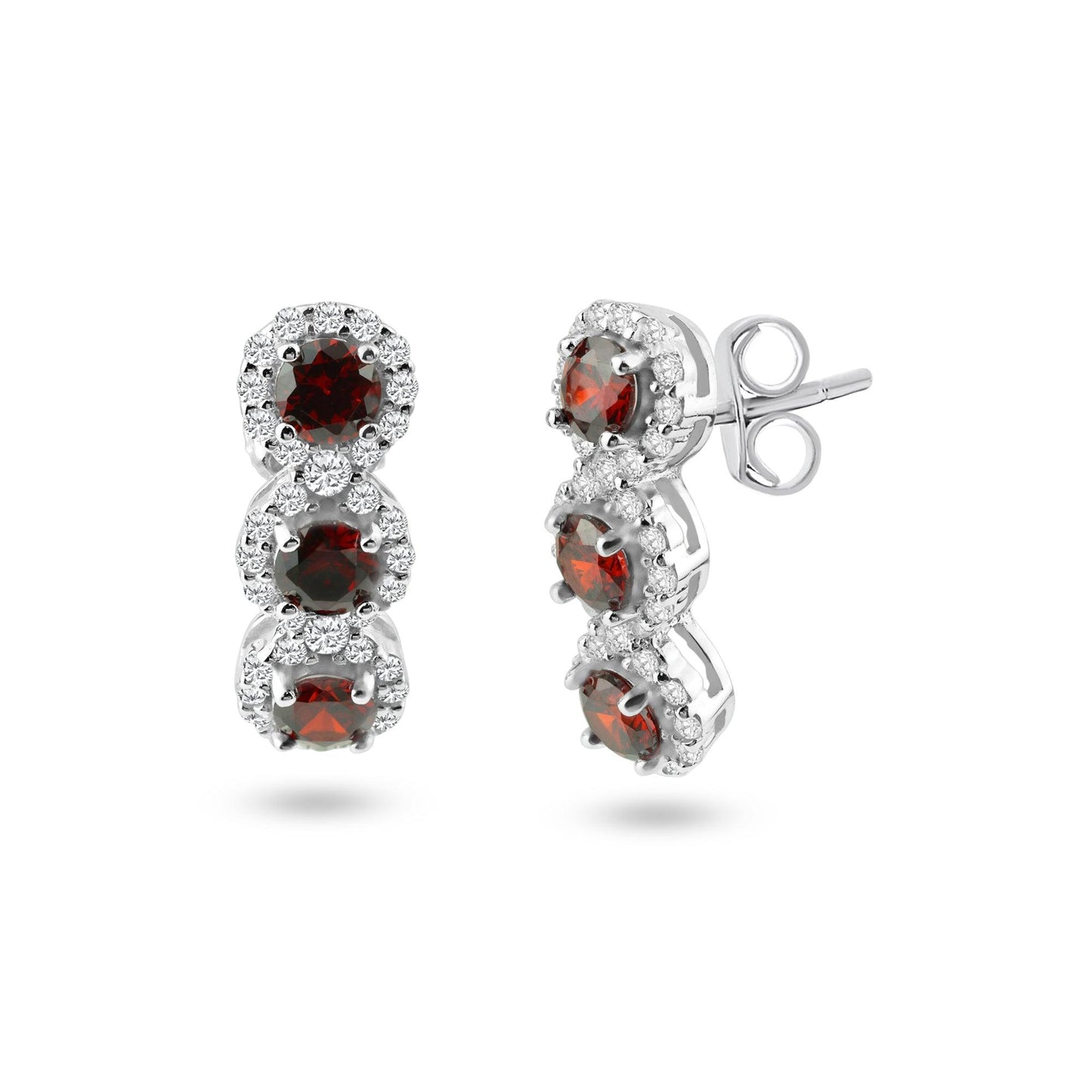 Silver 925 Rhodium Plated 3 Red Stone CZ Stud Earring and Necklace Set - BGS00522RED