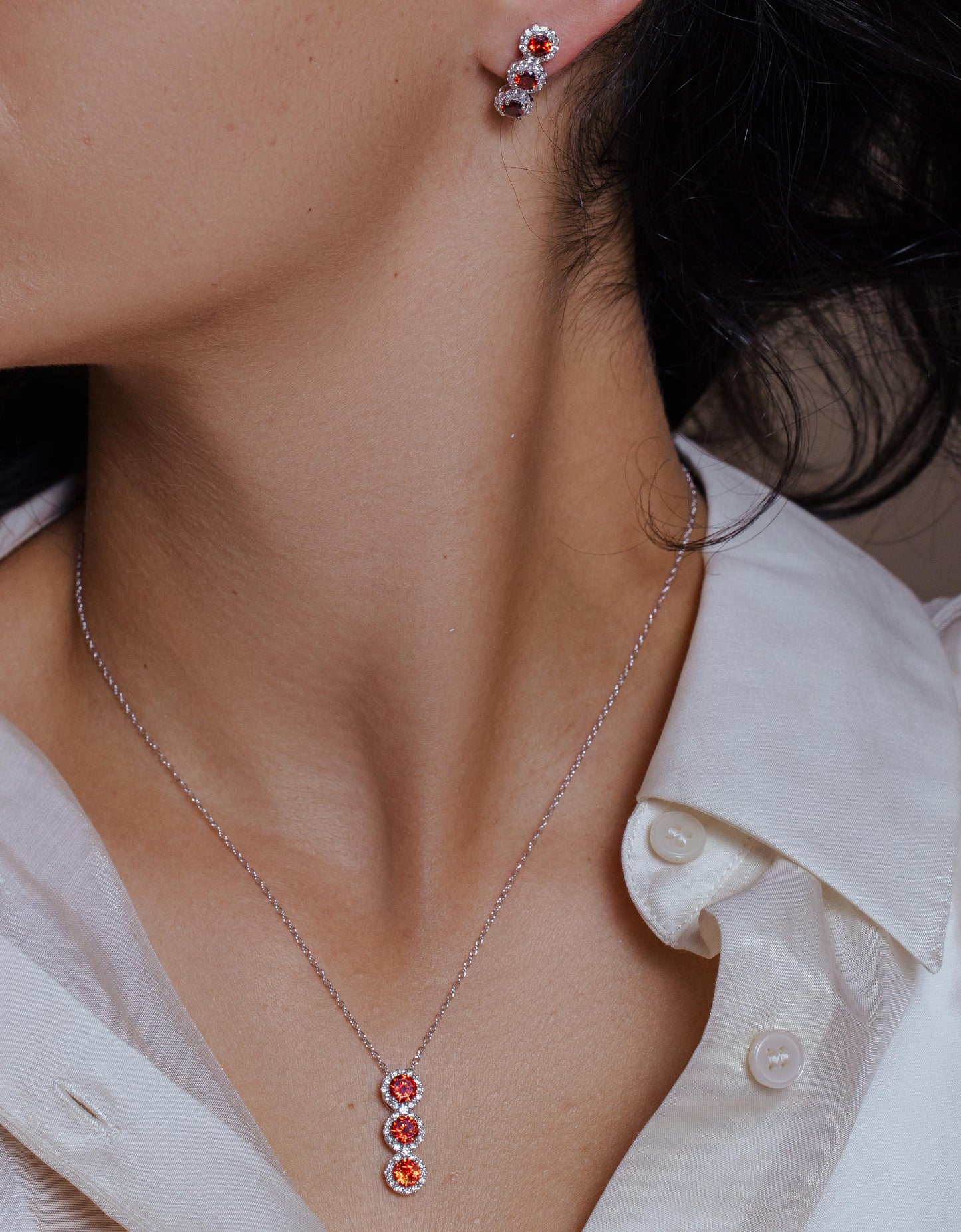 Silver 925 Rhodium Plated 3 Red Stone CZ Stud Earring and Necklace Set - BGS00522RED