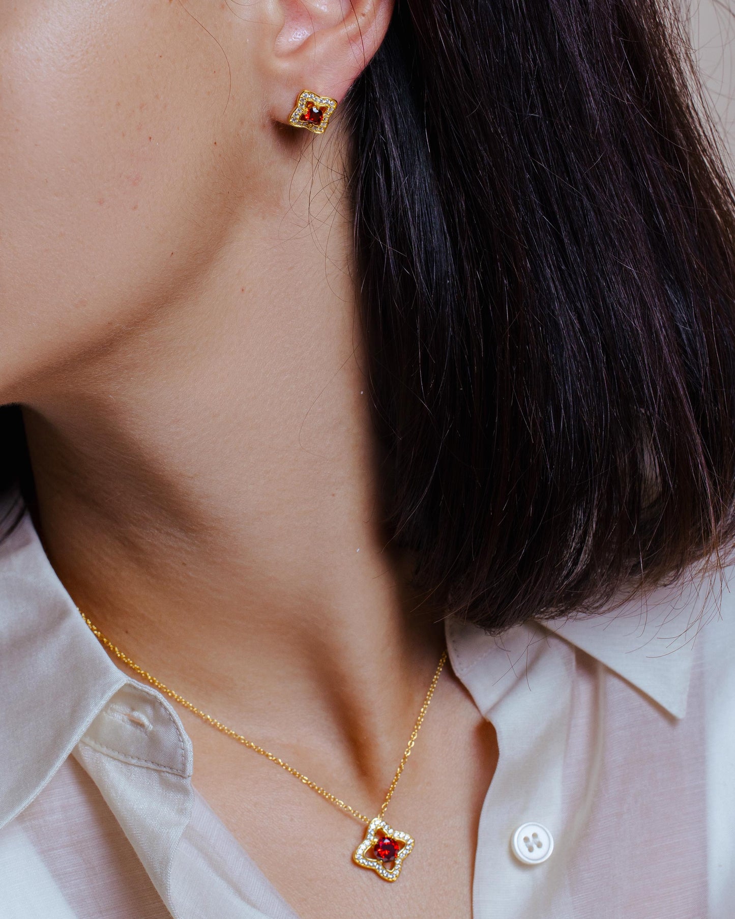 Silver 925 Gold Plated Clover Cross with CZ and Red Stone Earring and Necklace Set - BGS00523RED