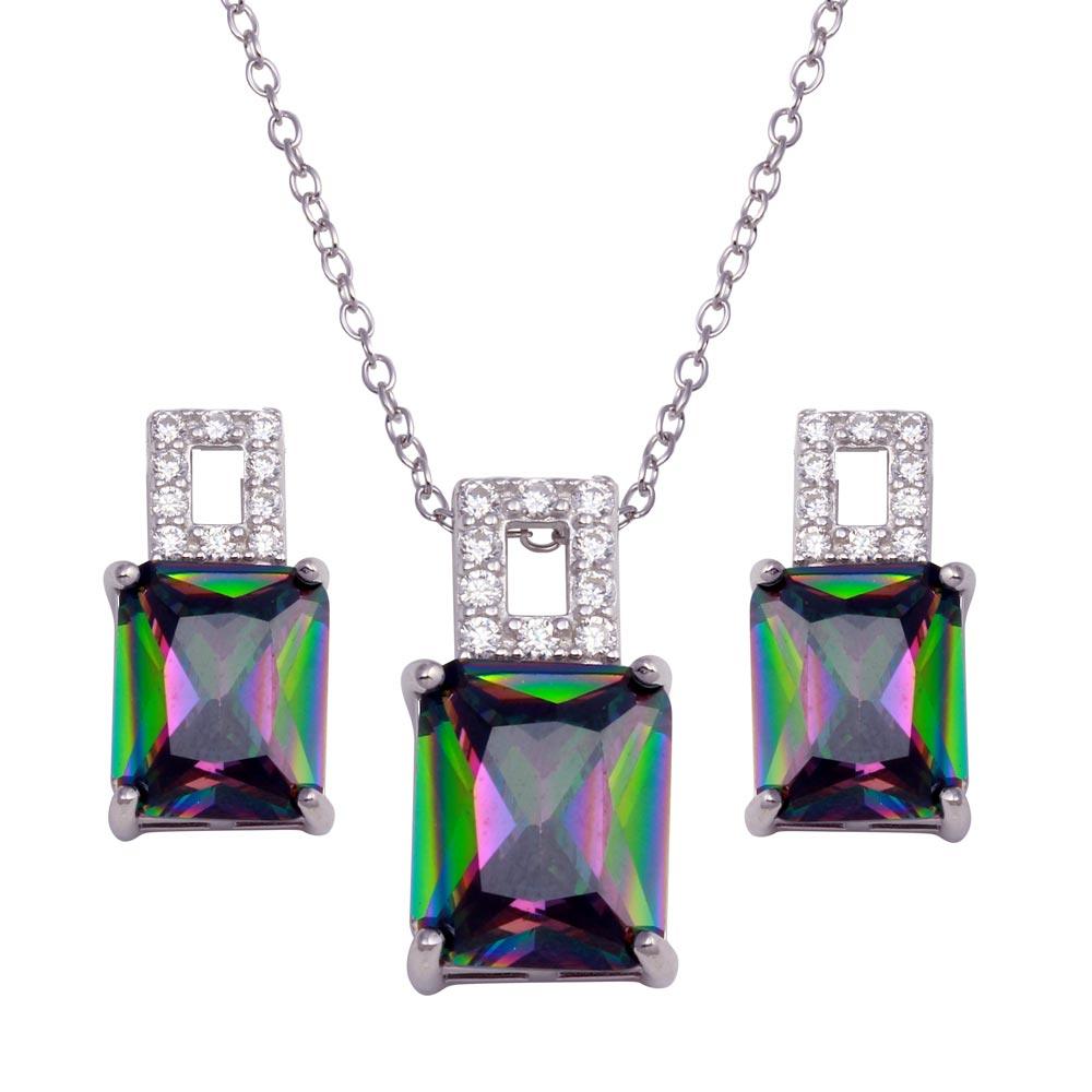 Silver 925 Rhodium Plated Rectangle Synthetic Mystic Topaz CZ Set - BGS00581 | Silver Palace Inc.