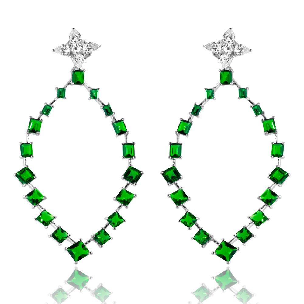 Silver 925 Rhodium Plated Dangling Teardrop Earrings with CZ - GME00102RH-GREEN | Silver Palace Inc.