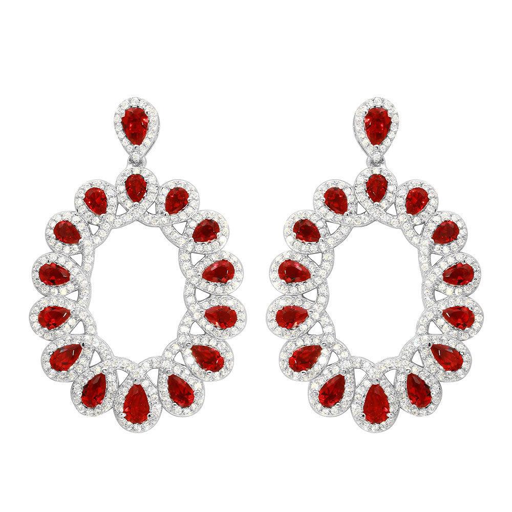 Silver 925 Rhodium Plated Open Oval Red and Clear CZ Hanging Earrings - GME00106-RED | Silver Palace Inc.