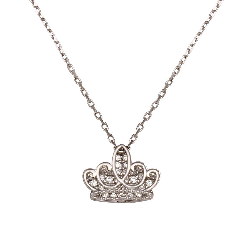 Silver 925 Rhodium Plated Clear CZ Crown Necklace - GMN00036APR | Silver Palace Inc.