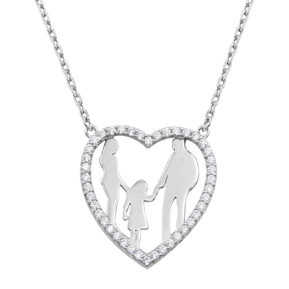 Silver 925 Rhodium Plated Mom, Dad, and Daughter Open Heart Family Necklace with CZ - GMN00072 | Silver Palace Inc.