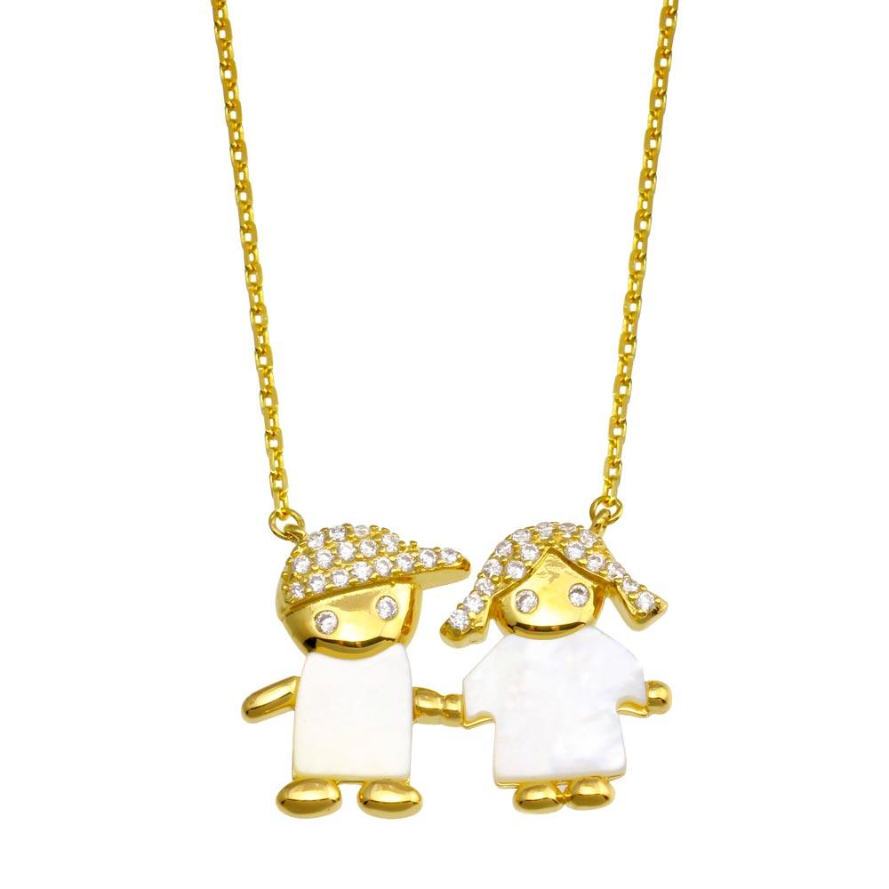 Silver 925 Gold Plated CZ Boy and Girl Necklace - GMN00129GP | Silver Palace Inc.
