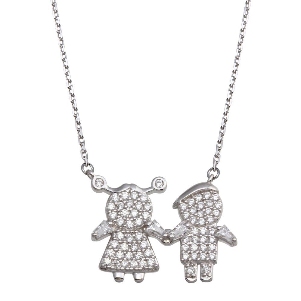 Silver 925 Rhodium Plated CZ Brother and Sister Family Necklace - GMN00145 | Silver Palace Inc.