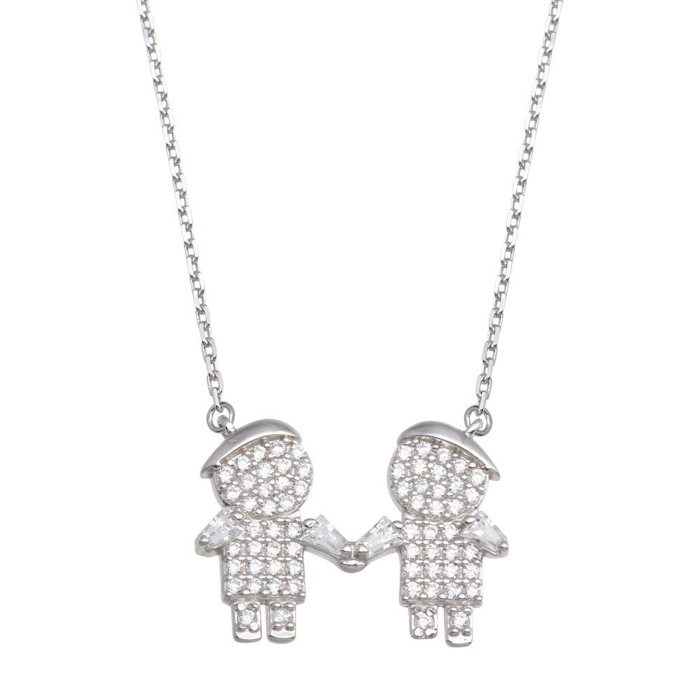 Silver 925 Rhodium Plated CZ 2 Boys Family Necklace - GMN00147 | Silver Palace Inc.
