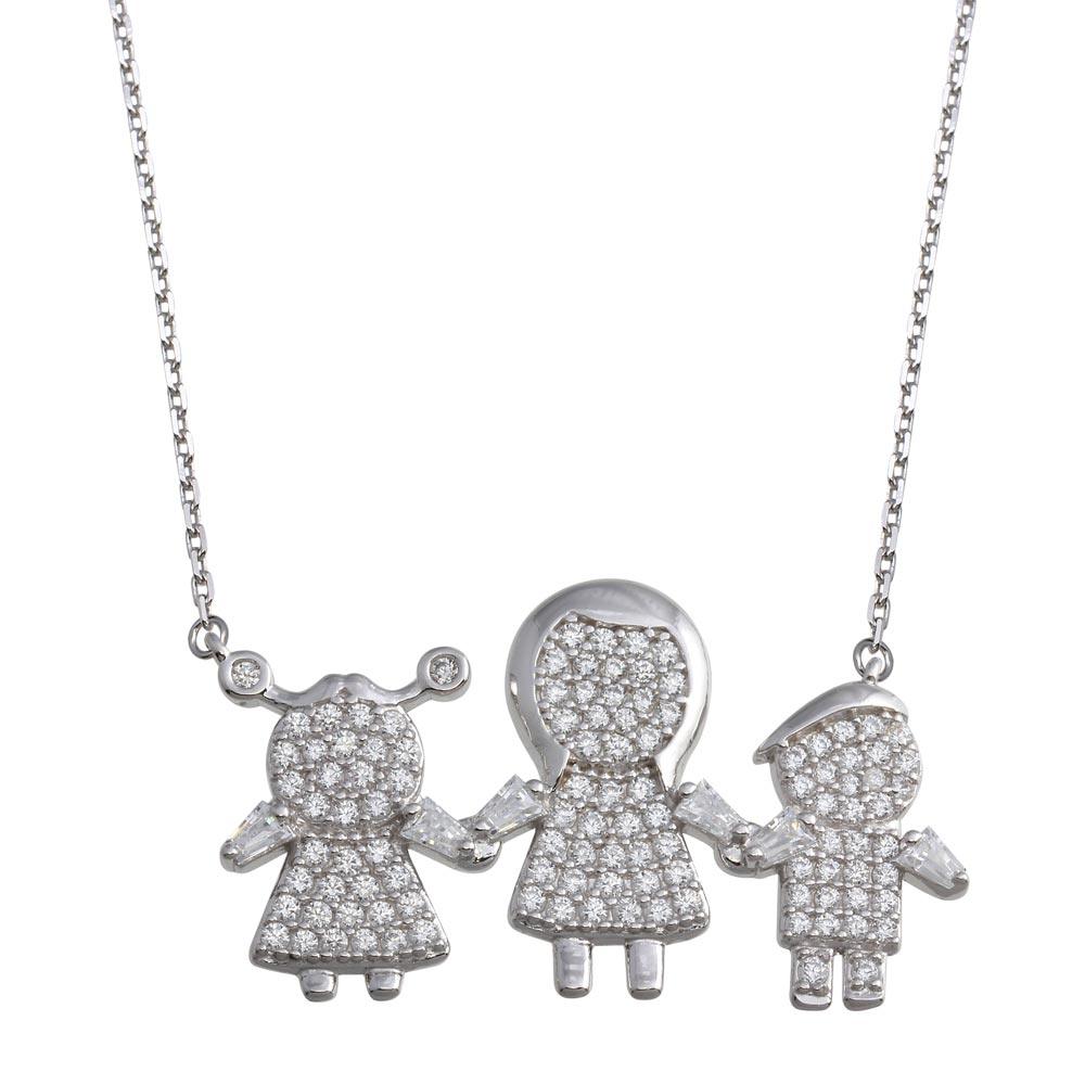Silver 925 Rhodium Plated CZ 1 Girls 1 Boys and Mom Family Necklace - GMN00151 | Silver Palace Inc.
