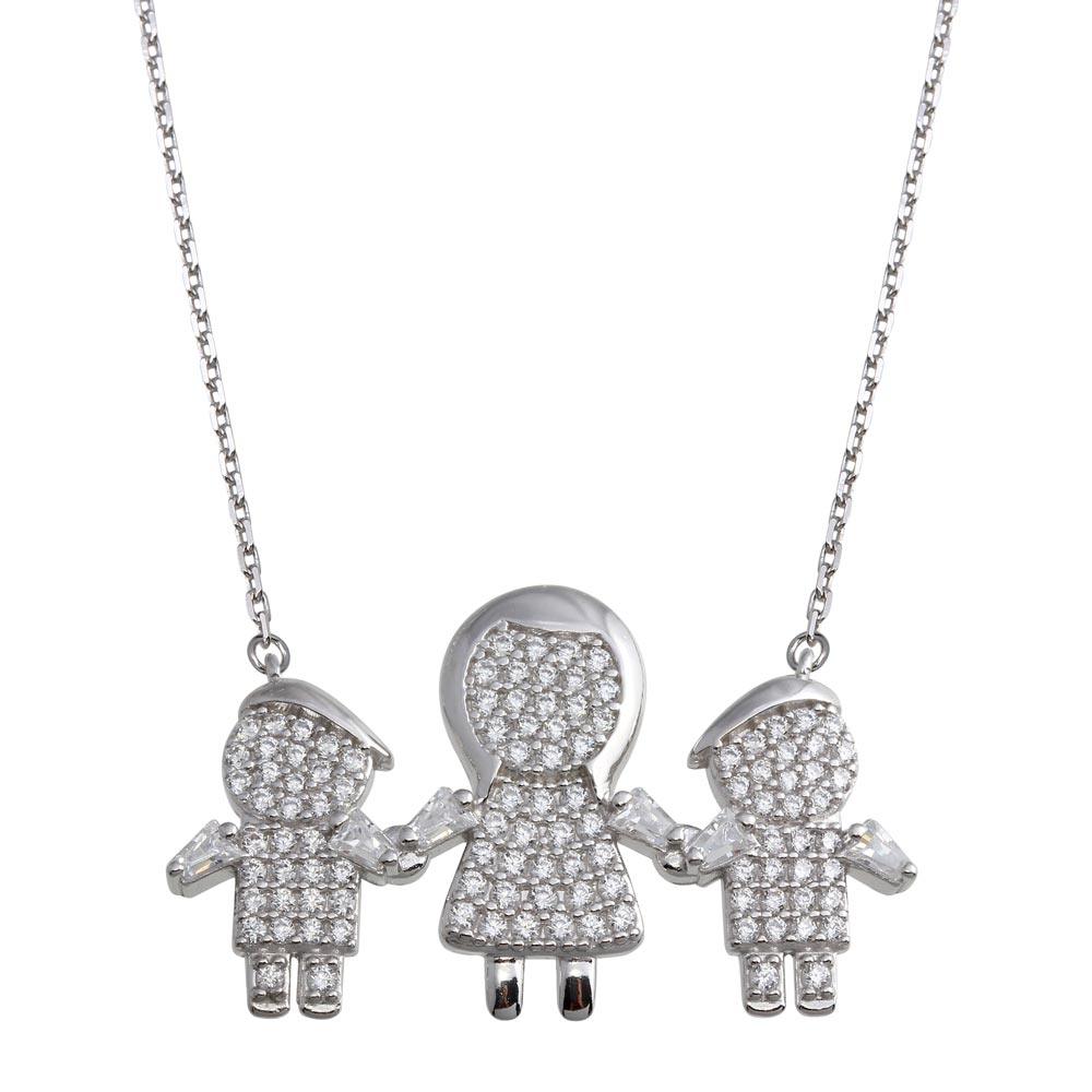 Silver 925 Rhodium Plated CZ 2 Boys and Mom Family Necklace - GMN00153 | Silver Palace Inc.