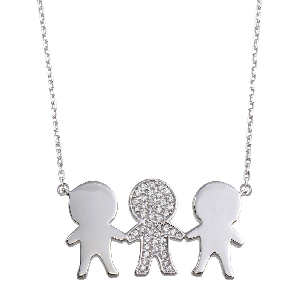 Silver 925 Rhodium Plated CZ 3 Boys Family Necklace - GMN00163 | Silver Palace Inc.