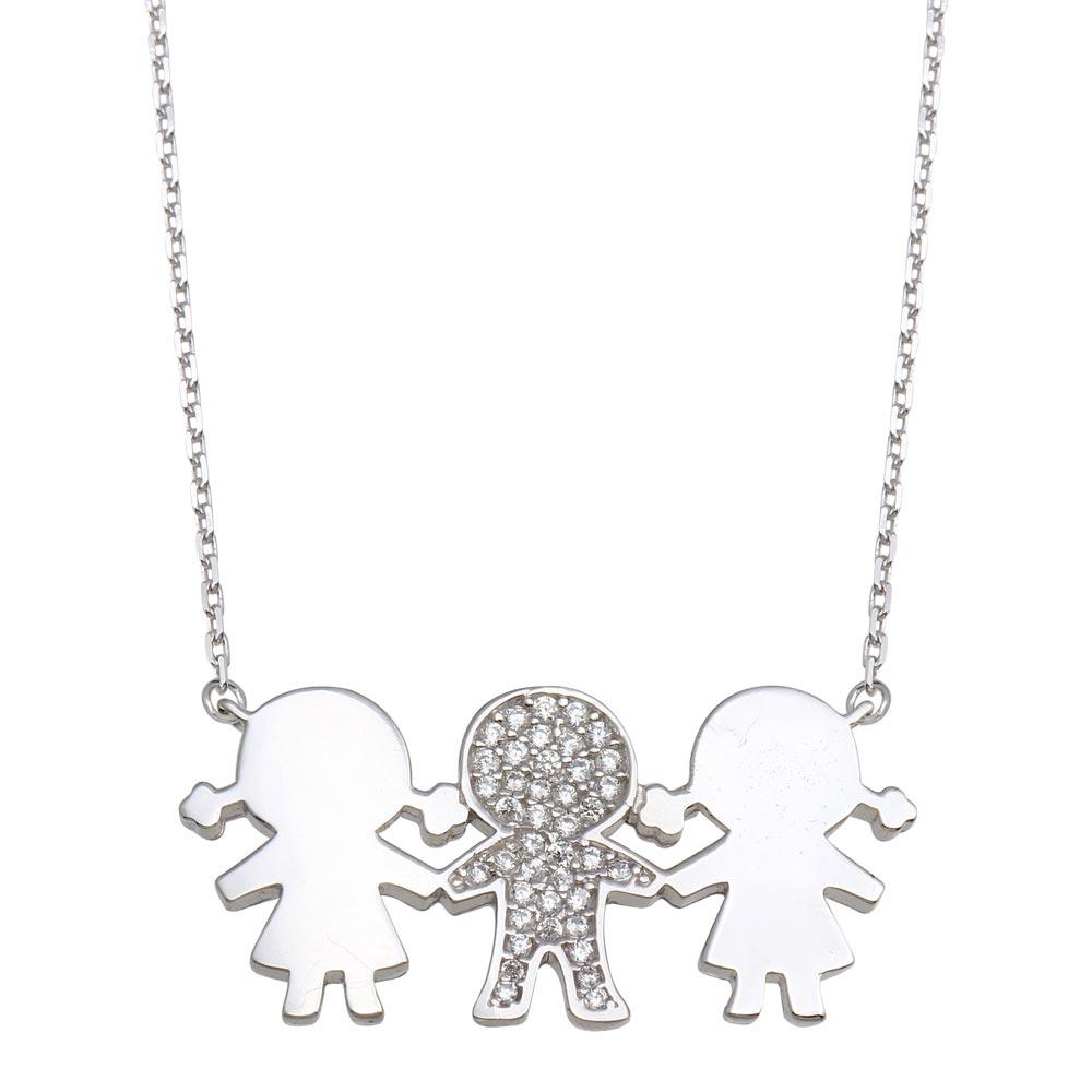 Silver 925 Rhodium Plated CZ 2 Girls and 1 Boy Family Necklace - GMN00164 | Silver Palace Inc.
