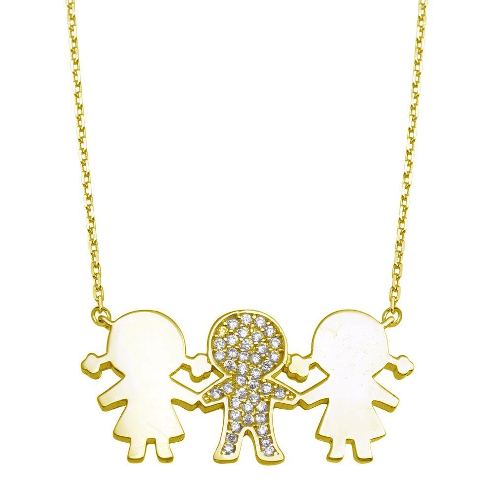 Silver 925 Gold Plated CZ 2 Girls and 1 Boy Family Necklace - GMN00164GP | Silver Palace Inc.