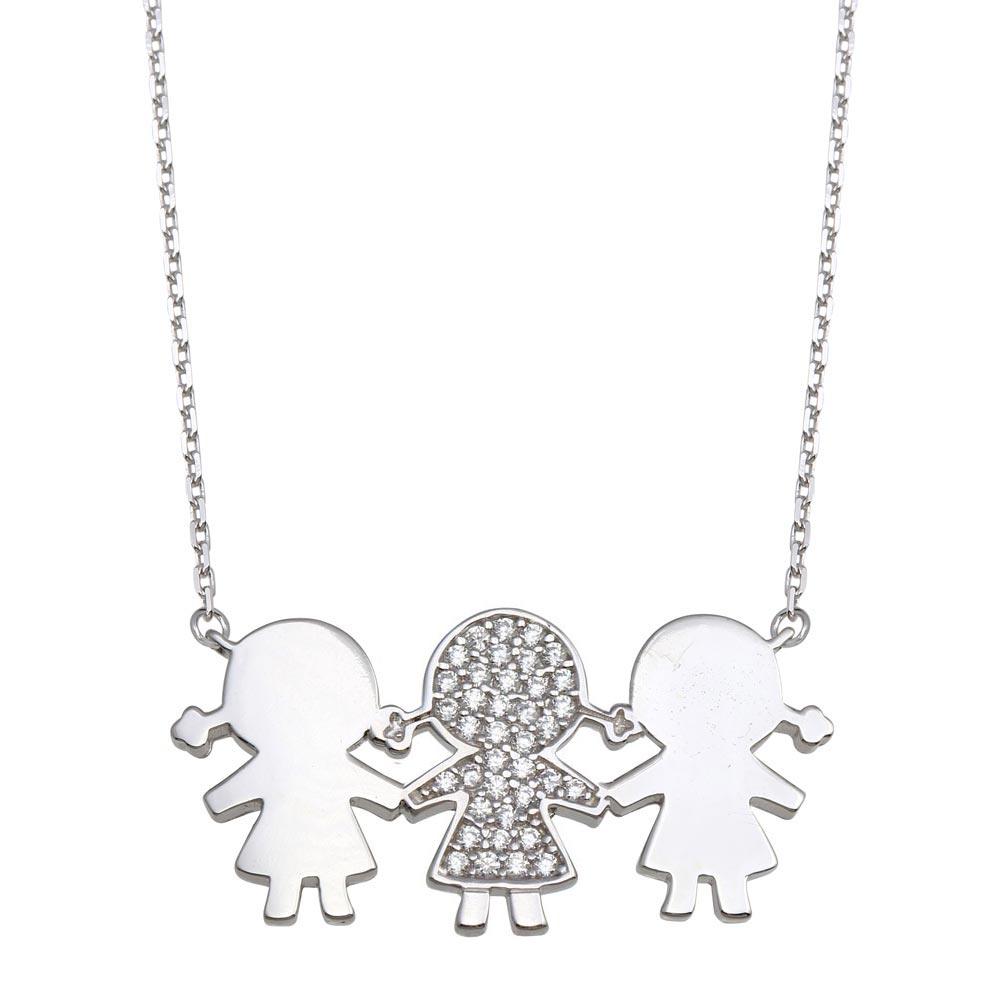 Silver 925 Rhodium Plated CZ 3 Girls Family Necklace - GMN00165 | Silver Palace Inc.