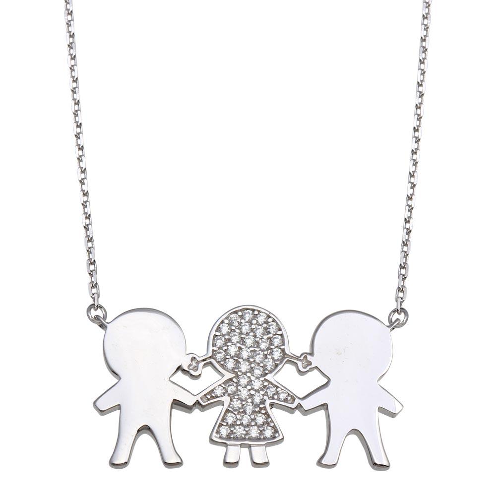Silver 925 Rhodium Plated CZ 1 Girl and Boys Family Necklace - GMN00166 | Silver Palace Inc.