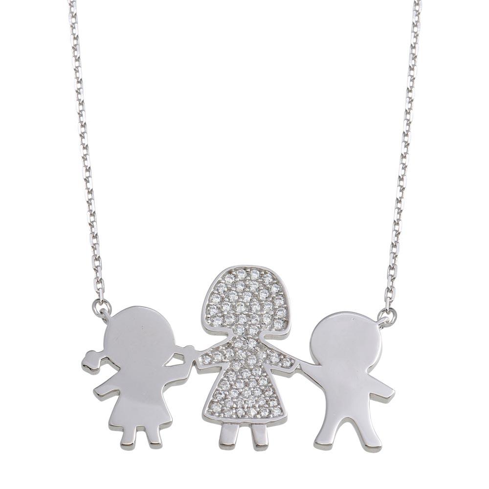 Silver 925 Rhodium Plated CZ Boy, Girl and Mom Family Necklace - GMN00169 | Silver Palace Inc.