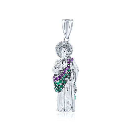 Silver 925 Rhodium Plated 3 Dimensional Red and Green CZ St Jude Pendant 32mm - GMP00086RBC