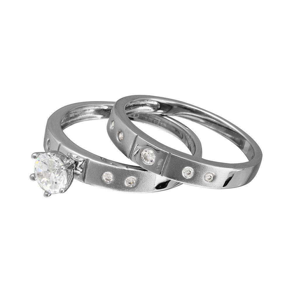 Silver 925 Half Matte Finish Rhodium Plated CZ Trio Bridal Ring - GMR00142