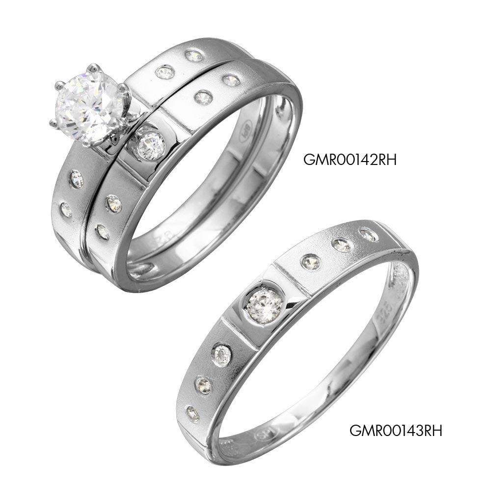 Silver 925 Half Matte Finish Rhodium Plated CZ Trio Bridal Ring - GMR00142
