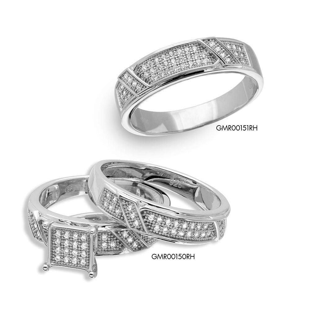 Silver 925 Rhodium Plated Square Pave Center Trio Bridal Ring - GMR00150