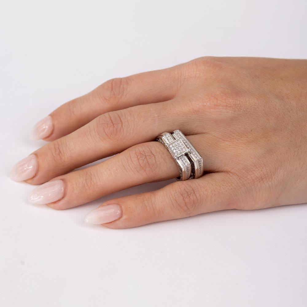 Silver 925 Rhodium Plated Wave CZ Band Square Center Micro Pave Stones Wedding Ring - GMR00154