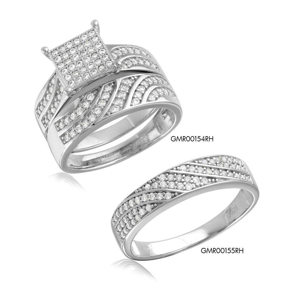Silver 925 Rhodium Plated Wave CZ Band Square Center Micro Pave Stones Wedding Ring - GMR00154