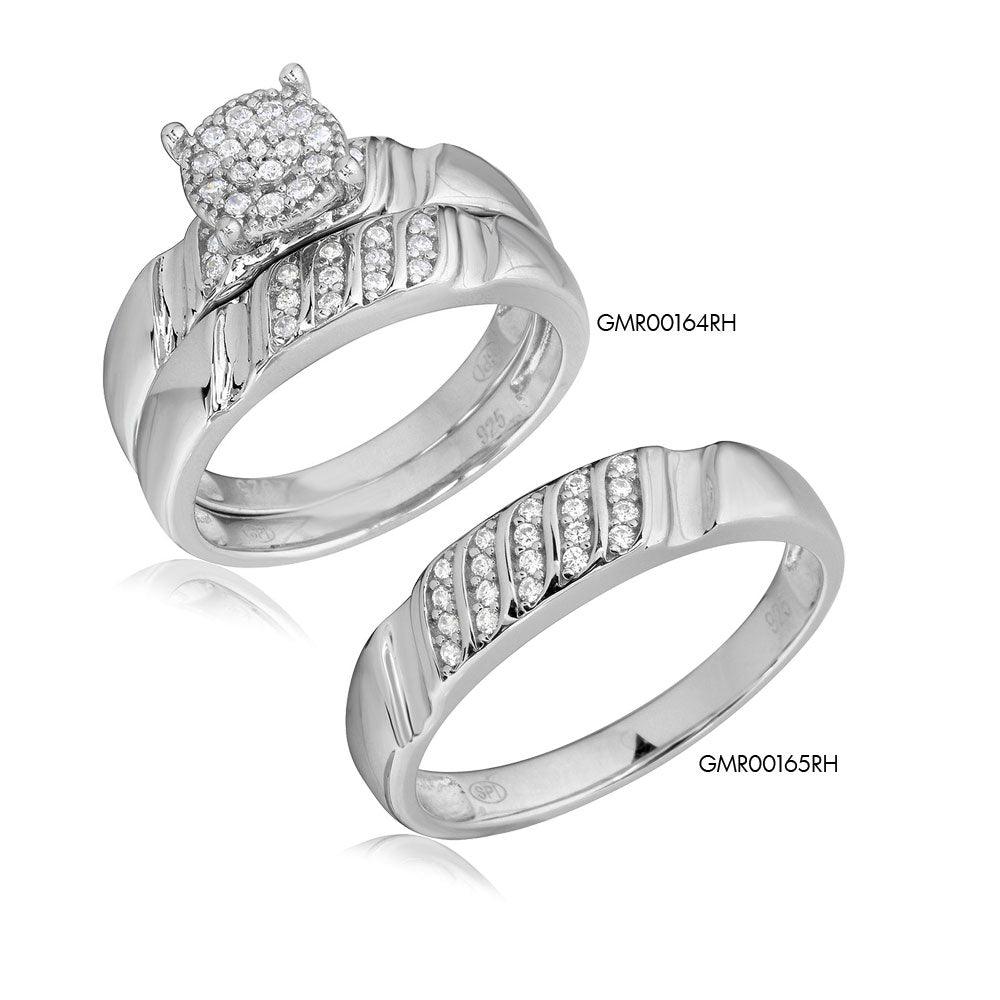 Silver 925 Rhodium Plated Sideway Stone Design Custer CZ Center Wedding Ring - GMR00164