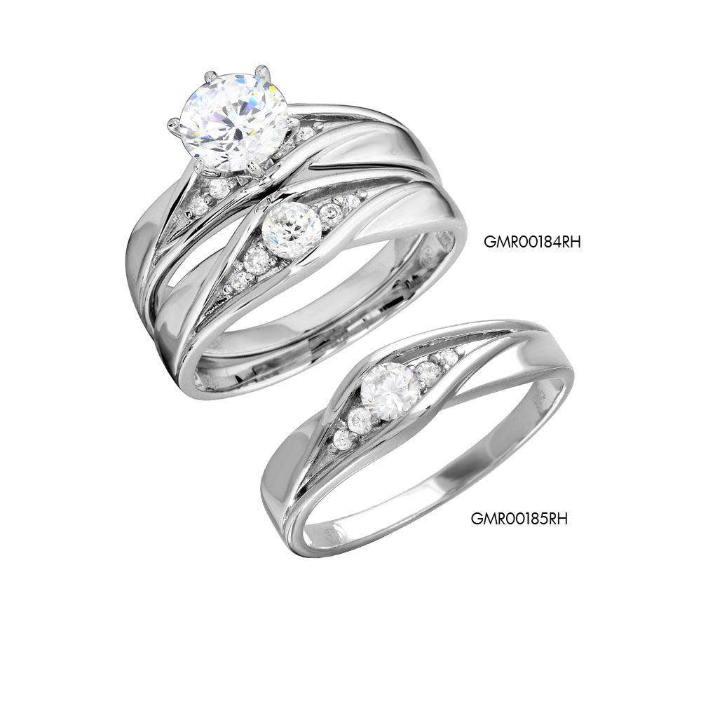Silver 925 Rhodium Plated Round CZ Center Stone Wedding Ring - GMR00184