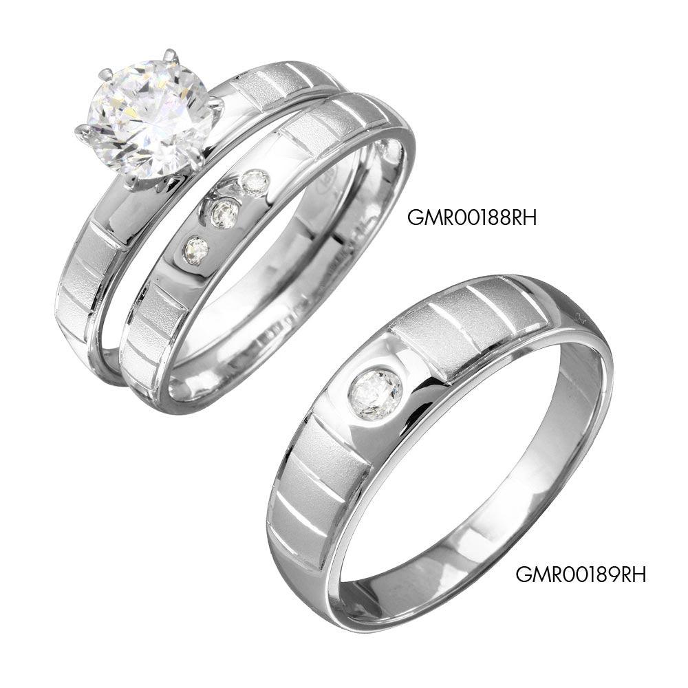 Silver 925 Rhodium Plated Line Shank Design Bridal Trios Ring - GMR00188