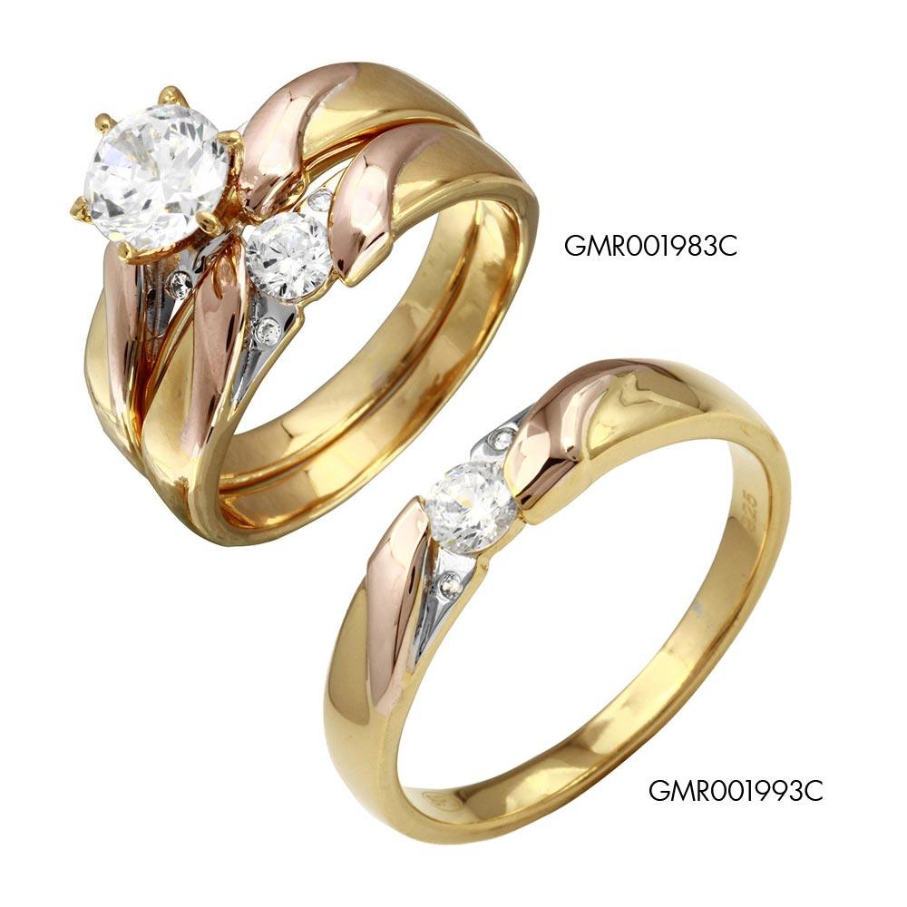 Silver 925 Rhodium Plated 3 Toned CZ Trios Bridal Ring - GMR00198TRI