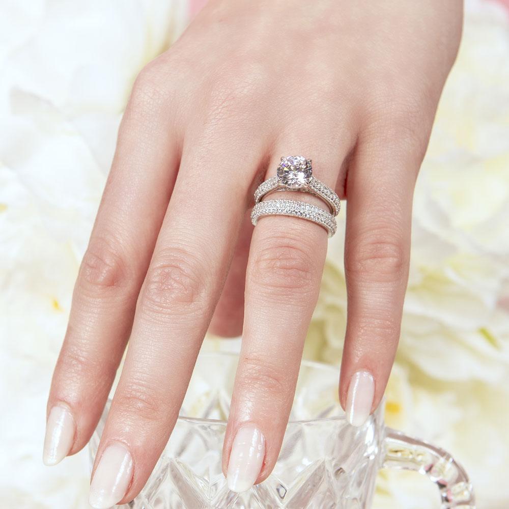 Silver 925 Rhodium Plated Micro Pave Shank Bridal Single Center Stone Ring - GMR00204