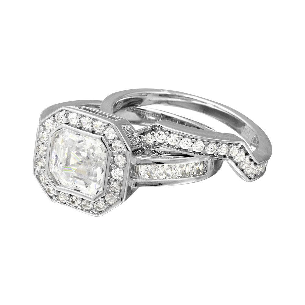 Silver 925 Rhodium Plated 2pcs CZ Square Center Bridal Ring - GMR00205