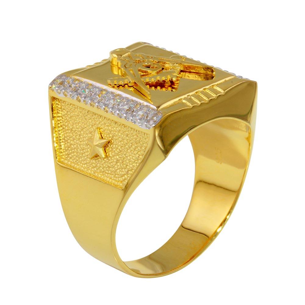 Silver 925 Two-Toned Square Masonik Ring with CZ - GMR00238GR
