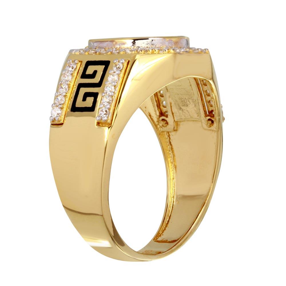 Men's Sterling Silver 925 Gold Plated Flat Oval Onyx Ring with CZ - GMR00250GR