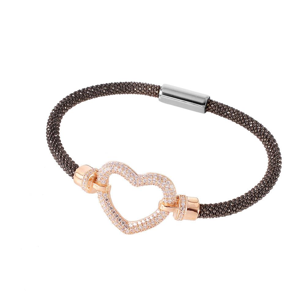 Closeout-Silver 925 Black Rhodium and Rose Gold Plated Open Heart Bracelet - ITB00181RGP-RH | Silver Palace Inc.
