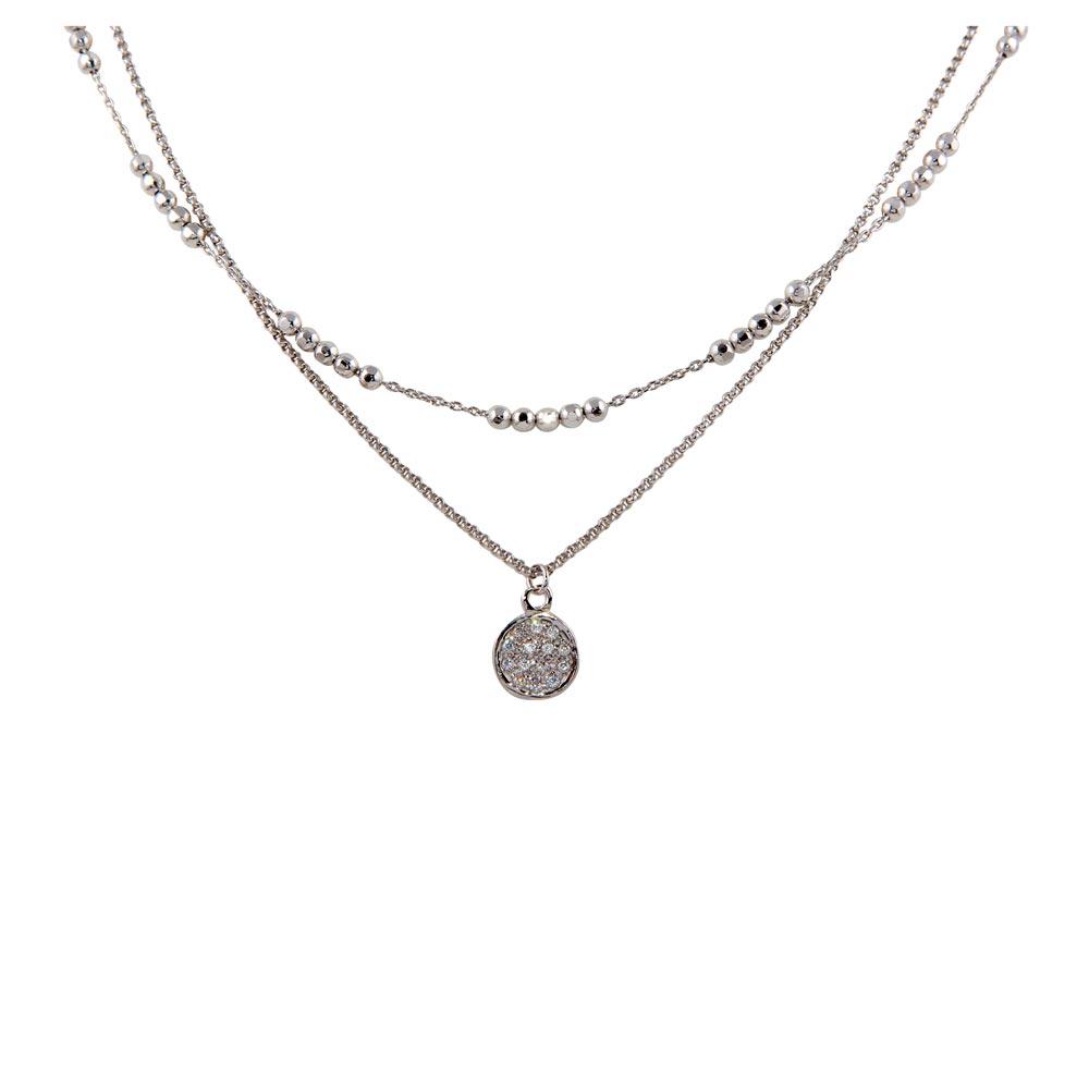 Silver 925 Rhodium Plated Double Chain Disc Necklace with Beads and CZ - ITN00125RH | Silver Palace Inc.