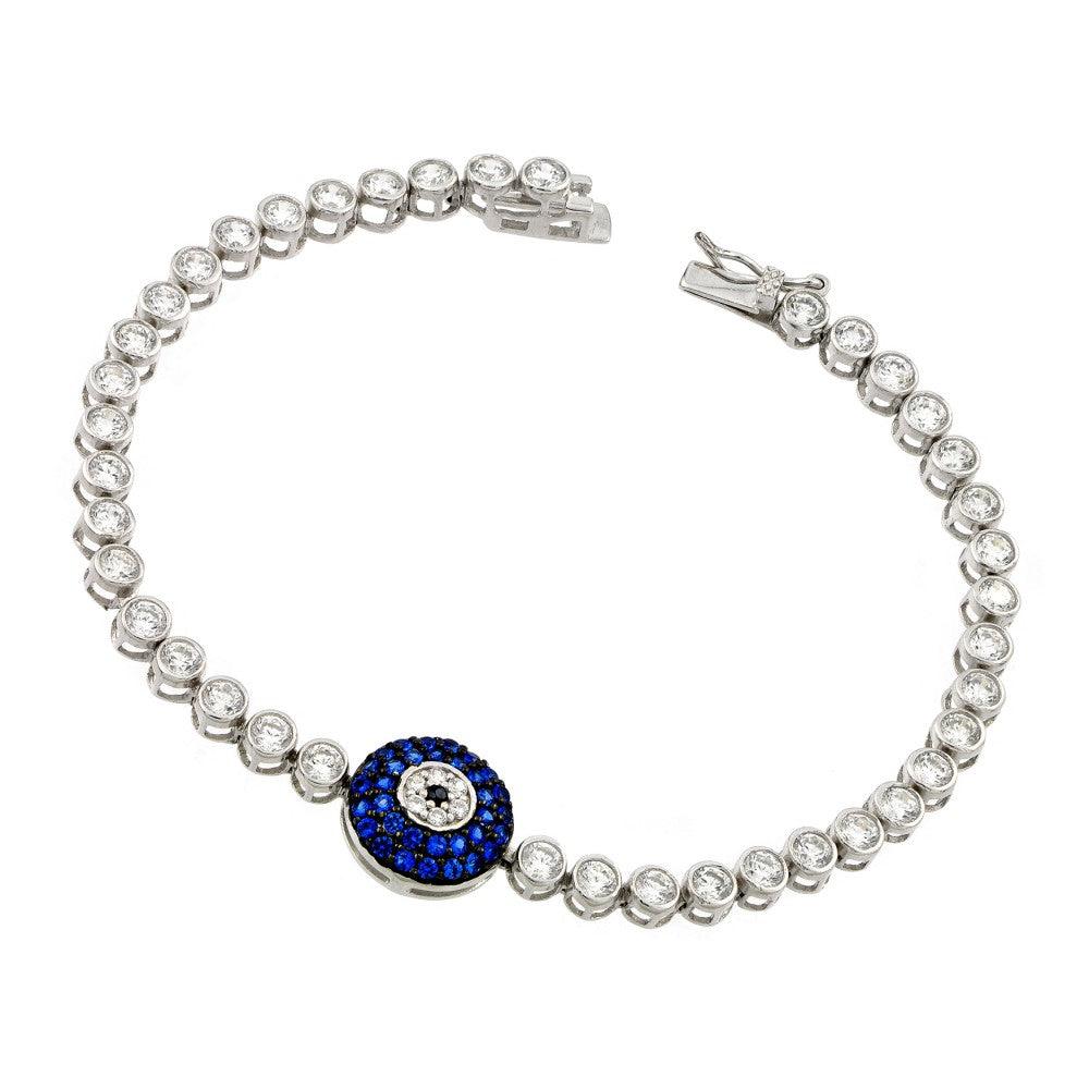 Silver 925 Rhodium Plated Evil Eye Clear and Blue CZ Tennis Bracelet - STB00507 | Silver Palace Inc.