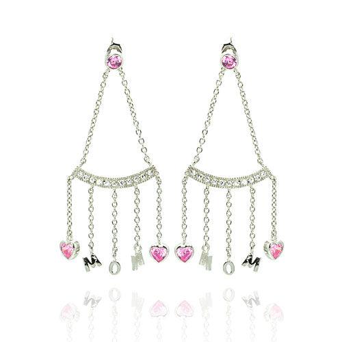Closeout-Silver 925 Rhodium Plated Dangling Hearts Mom Earrings - STE00116 | Silver Palace Inc.