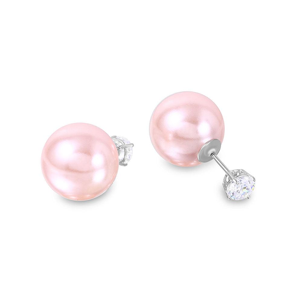 Silver 925 Rhodium Plated CZ Pink Synthetic Pearls Front and Back - STE00994PNK | Silver Palace Inc.