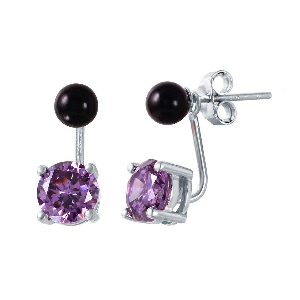 Silver 925 Birthstone Black Synthetic Pearl Purple CZ Front and Back Earrings - STE00999FEB | Silver Palace Inc.