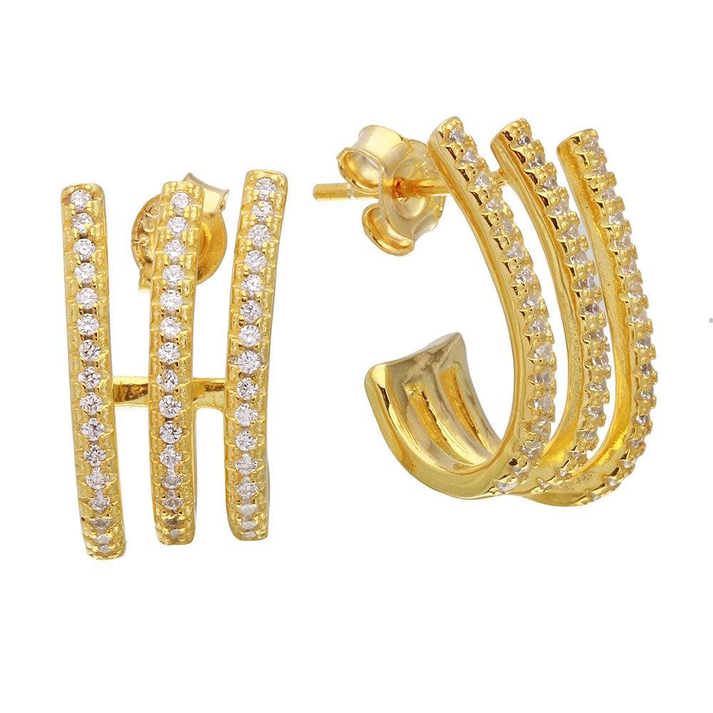 Silver 925 Gold Plated 3 Row CZ Hugging Earrings - STE01077GP | Silver Palace Inc.