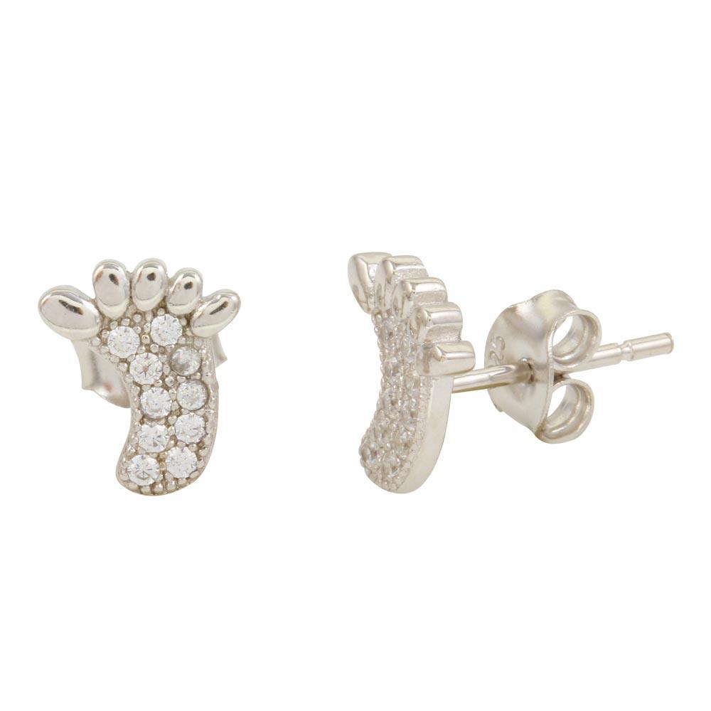 Silver 925 Rhodium Plated Foot Stud Earrings with CZ - STE01098 | Silver Palace Inc.
