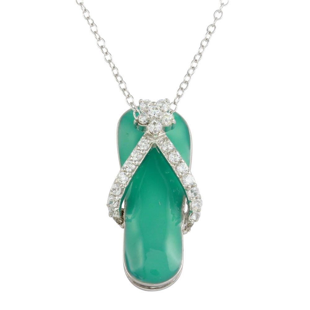 Silver 925 Rhodium Plated Blue Flip-Flop Necklace with CZ - STP00402BLU | Silver Palace Inc.