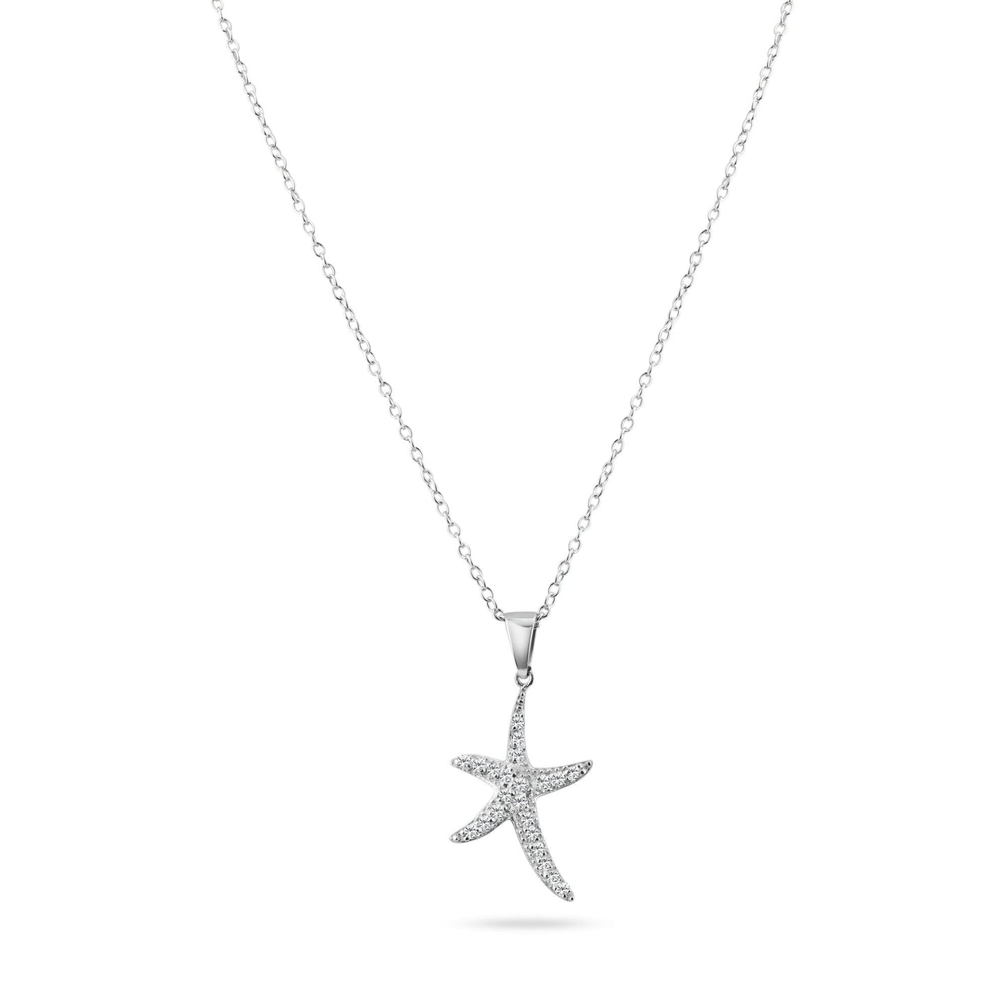 Silver 925 Rhodium Plated Clear CZ Starfish Pendant Necklace - STP01021