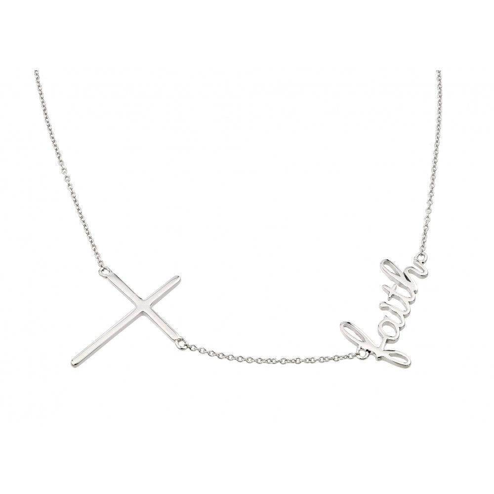 Silver 925 Rhodium Plated Clear CZ Cross Faith Pendant Necklace - STP01396 | Silver Palace Inc.