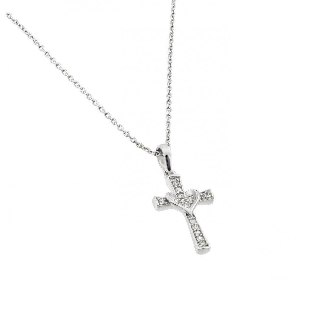 Silver 925 Rhodium Plated Clear CZ Cross Pendant Necklace - STP01398 | Silver Palace Inc.